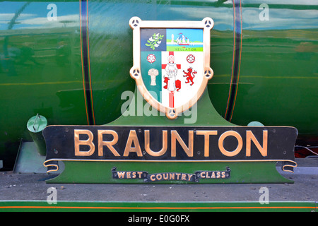 Close up de plaque signalétique du moteur à vapeur préservé 34046 Braunton Banque D'Images