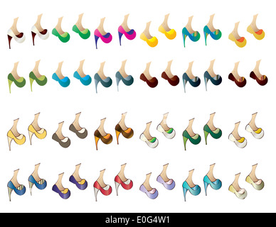 Vector Pack de vingt-quatre paires de chaussures pour dames en différentes couleurs, de chaussures à talons hauts et les chaussures plates. Banque D'Images