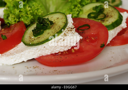 Le fromage blanc à la tomate et concombre sur la plaque Banque D'Images