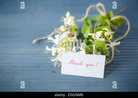 White clematis fleurs sur la table avec gratitude Banque D'Images