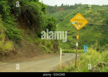 L'autoroute 340 en virage étroit près de Kahakaloa village, route étroite avec les conducteurs d'avertissement signe Banque D'Images