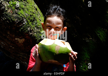 Jeune garçon de boire à partir de noix de coco fraîche par la plage et la mer à l'Est de Java, Indonésie balekambang Banque D'Images