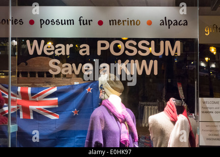 Porter un Possum Enregistrer un kiwi vitrine dans Dunedin Nouvelle Zélande promouvoir possum merino wool-pour lutter contre les espèces envahissantes Banque D'Images