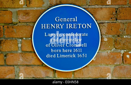 Blue plaque concernant le Général Henry Ireton, gendre d'Oliver Cromwell British, Angleterre, Banque D'Images