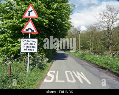 Narrows Road sign véhicules arrivant en sens inverse en milieu de route dans Cheshire UK Banque D'Images