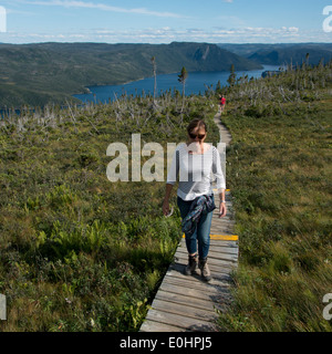 Randonneurs à Lookout Trail, Lookout Hills, Bonne Bay, le parc national du Gros-Morne, à Terre-Neuve et Labrador, Canada Banque D'Images