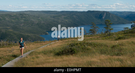 Randonneurs à Lookout Trail, Lookout Hills, Bonne Bay, le parc national du Gros-Morne, à Terre-Neuve et Labrador, Canada Banque D'Images