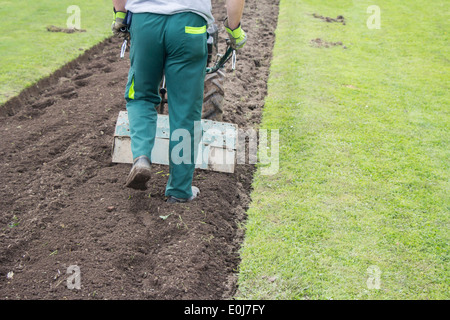 Homme travaillant dans le jardin avec timon Jardin Banque D'Images