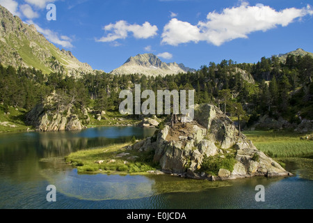 Lac avec un petit îlot dans la vallée d'Aran, Pyrénées Catalanes. Banque D'Images