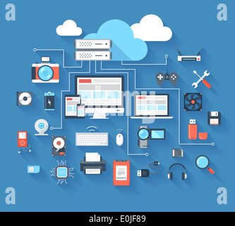 Illustration vecteur de matériel et le cloud computing concept sur fond bleu avec long shadow. Banque D'Images