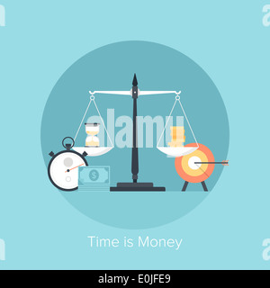 Vector illustration de temps est argent concept design plat isolé sur fond bleu. Banque D'Images