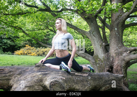 Dame blonde portant des guêtres noires et un petit gris la pratique du yoga au centre d'un arbre sur Hampstead Heath. Banque D'Images