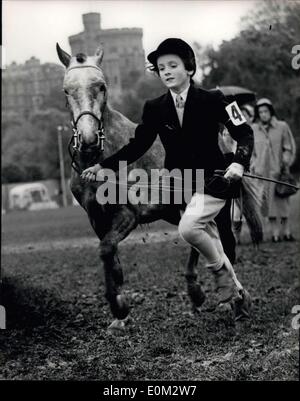 16 mai 1953 - Royal Windsor Horse Show mettant le poney à travers ses pages. : Photo montre Mademoiselle Jabeena Maslin met sa variété de poney au pas - lorsqu'il prend part à la classe de poney pour les enfants nés en 1941 ou après - pendant le Royal Windsor Horse Show aujourd'hui. Banque D'Images