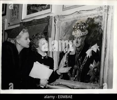 Le 12 décembre 1953 - Salon des Beaux Arts de Londres Portrait de l'Amiral Lord Cunningham . : De nombreuses personnalités bien connues ont été d'être vu à l'aperçu de la ''Courier'' exposition de Fine Art - tenue à la Royal Society of Painters in Water Colours, Condult Street, Londres, ce matin. La photo montre la Portrait de l'Amiral Lord Cunningham par Terence Cuneo - admiré par actrices Shani Wallis et Elizabeth Larner vu de droite à gauche lors de l'exposition aujourd'hui. Banque D'Images