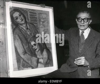 Juin 06, 1954 - LE MEILLEUR DE LA PEINTURE "social" DE L'ANNÉE 55 ans artiste Paris François Eberl pose avec sa peinture ''Mère'' l'amour pour lequel il a reçu le prix annuel de la meilleure ''Social'' peinture de l'année. Banque D'Images