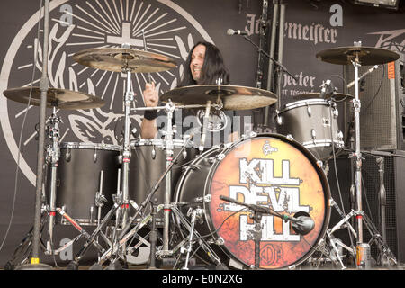 Columbus, Ohio, USA. 16 mai, 2014. Le batteur Johnny KELLY de Kill Devil Hill en concert à Rock sur la gamme music festival à Columbus Crew Stadium à Columbus, Ohio Crédit : Daniel DeSlover/ZUMAPRESS.com/Alamy Live News Banque D'Images