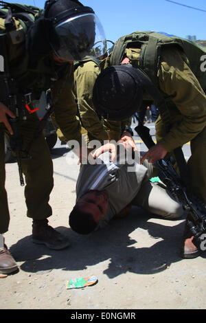(140517) - Hébron, le 17 mai 2014 (AFP) - Les forces de sécurité israéliennes ont arrêté un Palestinien près de la rue principale entre Hébron et Jérusalem, au cours d'une manifestation marquant le 66e anniversaire de la Nakba dans la ville de Cisjordanie d'Hébron, le 17 mai 2014. (Xinhua/Mamoun Wazwaz) Banque D'Images