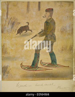 Cette photographie capture un moment symbolisé par l'expression « mars--croûte dure--plaisir », peut-être liée à la météo saisonnière ou à des pratiques culturelles spécifiques lors d'une marche, en mettant l'accent sur la résilience et l'endurance. Banque D'Images