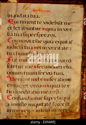 Une page d'un manuscrit de chant espagnol, montrant la notation musicale et le texte religieux. Ces types de manuscrits ont été utilisés à des fins liturgiques, préservant les chants sacrés dans la tradition espagnole pendant la période médiévale. Banque D'Images