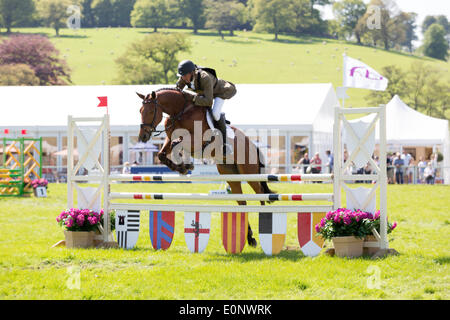 ‎Chatsworth, Bakewell, Derbyshire, Royaume-Uni. 17 mai, 2014. Mark Todd (NZL) Glissement de circonscription au cours de l'article Novice C saut dans l'arène principale à Chatsworth International Horse Trials : Tout crédit4 Photographie/Alamy Live News Banque D'Images