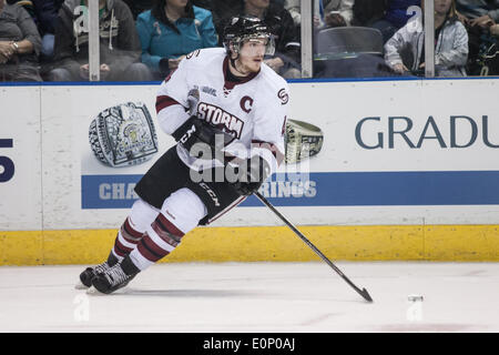 London, Ontario, Canada. 17 mai, 2014. Matt Finn (4) du Storm de Guelph a l'air de faire une passe au cours de leur match de la coupe Memorial 2014 joué au John Labatt Centre à London, en Ontario, Canada le 17 mai 2014. Le Storm de Guelph a défait les Oil Kings d'Edmonton par la marque de 5-2. Credit : Mark Spowart/Alamy Live News Banque D'Images