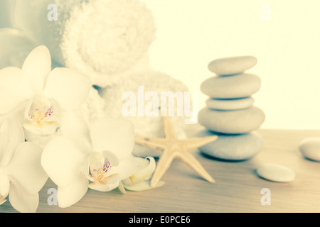 Spa concept avec des pierres empilées, étoiles de mer, de fleurs blanches et d'orchidées blanches moelleuses, retro style Banque D'Images