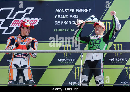 Le Mans, France, 18 mai, 2014. Alvaro Bautista sur podium au Mans pendant la course au circuit Bugatti au Mans Crédit : Gaetano Piazzolla/Alamy Live News Banque D'Images