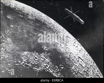 06 août 1958 - Destination Lune : une impression d'artistes du vol autour de la lune comme il est prévu par l'US-Air force avec un missile pour le moment Thor-Able entre août 15 et le 17 février dernier, lorsque la lune est la plus proche de notre planète. Banque D'Images