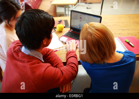 Vue arrière d'un portrait de jeunes amis using laptop together Banque D'Images