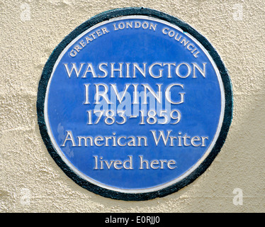 Londres, Angleterre, Royaume-Uni. Blue Plaque à l'ancienne résidence de l'écrivain américain Washington Irving (1783-1859) : dans l'Argyll Street, W1 Banque D'Images