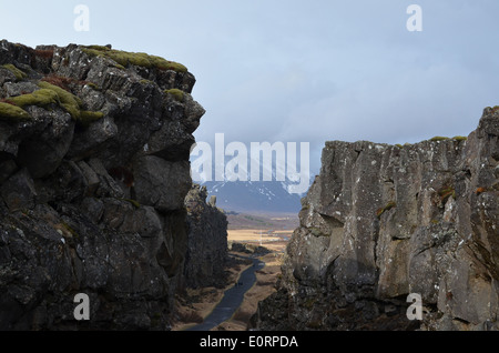 Le rift Almannagjá entre les plaques tectoniques eurasienne et américaine à Þingvellir, Islande. Banque D'Images