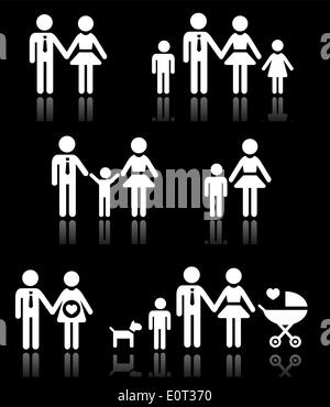 Famille, parents et enfants, femme enceinte icons set sur noir Illustration de Vecteur