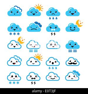 Cute Kawaii Manga cloud -, avec des icônes différentes expressions - heureux, triste, en colère Illustration de Vecteur
