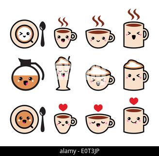 Joli café, cappuccino et espresso kawaii - vector icon set Illustration de Vecteur