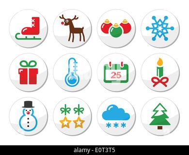 Hiver Noël icônes colorées définir comme étiquettes rondes Illustration de Vecteur