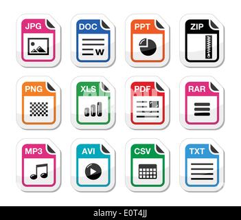 Les icônes de type de fichier en tant qu'étiquettes set - zip, pdf, jpg, doc Illustration de Vecteur