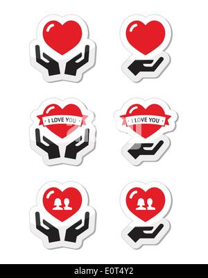 Les mains à coeur rouge, l'amour, relation icons set Illustration de Vecteur
