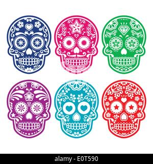 Crâne en sucre mexicain, Dia de los Muertos colorful icons set Illustration de Vecteur