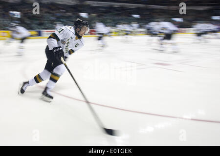 London, Ontario, Canada. 18 mai 2014. Le Capitaine Chris Knights de London Tierney skates pendant le warmup avant leur match contre les Oil Kings d'Edmonton à la coupe Memorial à London (Ontario), le 19 mai 2014. Edmonton a défait les chevaliers 5-2 pour améliorer leur fiche à 1-1 alors que les Chevaliers de l'hôte chute à 0 à 2. Credit : Mark Spowart/Alamy Live News Banque D'Images