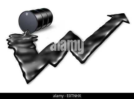 L'augmentation de prix du pétrole comme un concept essences pour moteurs avec le tambour de répandre le pétrole liquide noir en forme d'une bourse vers le haut flèche graphique comme une métaphore de l'augmentation des coûts de carburant sur un fond blanc. Banque D'Images