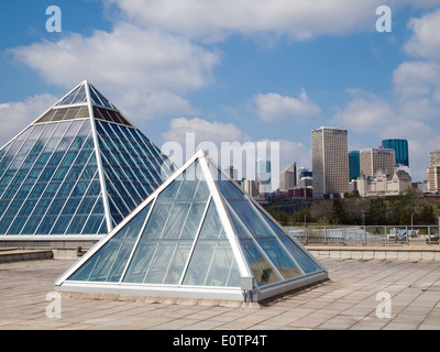 Une vue de la pyramides de verre de la Muttart Conservatory et le centre-ville d'Edmonton, Alberta, Canada, d'horizon. Banque D'Images
