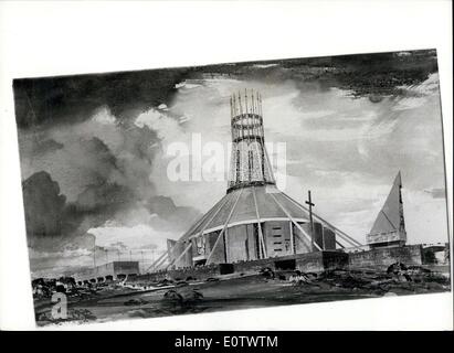 19 août 1960 - M. Frederick Gibberd, le concepteur de la nouvelle ville de Harlow, Essex, a gagné le concours pour la conception du million de Cathédrale Métropolitaine catholique romaine à Liverpool. Son design a été acceptée à partir de 298 entrées, et prend la forme d'un cylindre de 340 m de haut, presque aussi haut que St. Paul's. Il sera couronné par 16 des pinacles, chacun portant une croix. Photo : Keystone montre une vue d'artiste de la création gagnante pour la Cathédrale Métropolitaine catholique romaine à être construit à Liverpool Banque D'Images