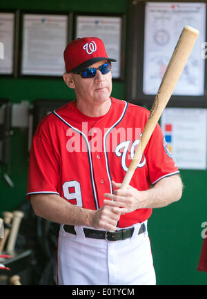 Nationals de Washington manager Matt Williams (9) est titulaire d'une chauve-souris dans l'abri avant le match contre les Mets de New York au Championnat National Park à Washington, DC Le dimanche, Mai 18, 2014. Credit : Ron Sachs/CNP (restriction : NO New York ou le New Jersey Journaux ou journaux dans un rayon de 75 km de la ville de New York) /afp -AUCUN SERVICE DE FIL- Banque D'Images