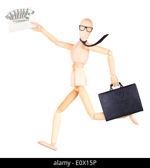 Simulacre en bois avec étui et enveloppe pleine d'argent isolé sur un backgrond blanc Banque D'Images