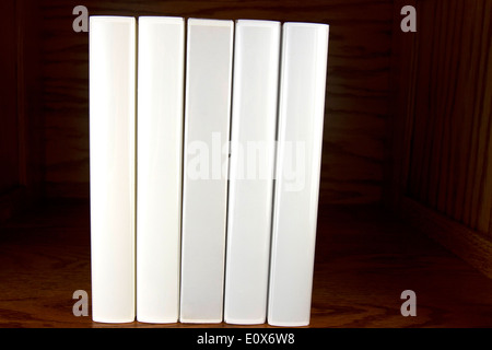 Livres blancs empilés sur des étagères en bois Banque D'Images