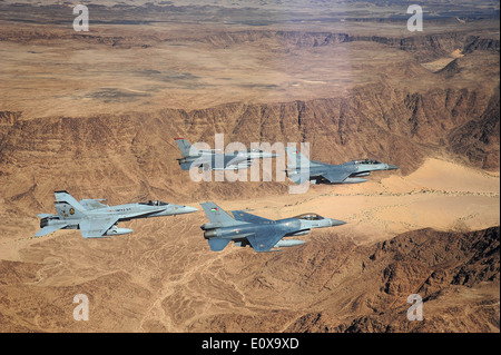 Nous et Royal Jordanian Air Force F-16 Fighting Falcon et un US Marine Corps F-18 Hornet voler en formation au-dessus du désert de Wadi Rum pendant l'exercice Tiger désireux 13 mai 2014 en Jordanie. Banque D'Images