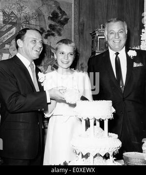 Frank Sinatra et Mia Farrow couper le gâteau à leur mariage Banque D'Images