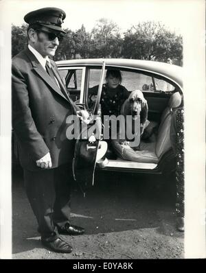 Septembre 09, 1969 - Les amateurs de chiens et animaux de prendre part à une promenade de chien parrainé sur Hampstead Heath pour la charité : aider les personnes âgées la charité aujourd'hui a organisé une marche parrainée ''Dog'' sur un parcours de cinq milles sur Hampstead Heath. Amoureux des chiens et de leurs animaux domestiques prenaient part parrainé par les amis et les parents à deux shillings par kilomètre parcouru, et un objectif de 1500 a été défini par les organisateurs qui servira à flatlets et centres de jour pour les personnes âgées nécessiteuses en Grande-Bretagne. Photo montre Henry, le limier de la renommée, la télévision de la V.I.P. parrainé à pied, arrive dans une Rolls Royce pour lancer le chien à pied. Banque D'Images