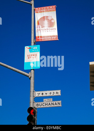 49 mile route panoramique, de Buchanan Street signs, Japantown de San Francisco, de bannière Banque D'Images