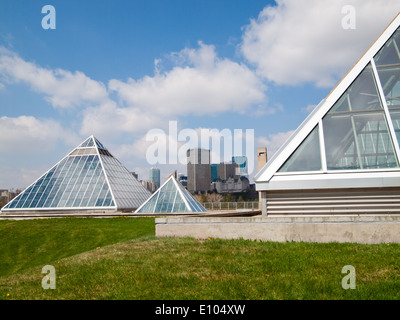 Les pyramides de verre de la Muttart Conservatory, un jardin botanique et noté monument d'Edmonton, Alberta, Canada. Banque D'Images